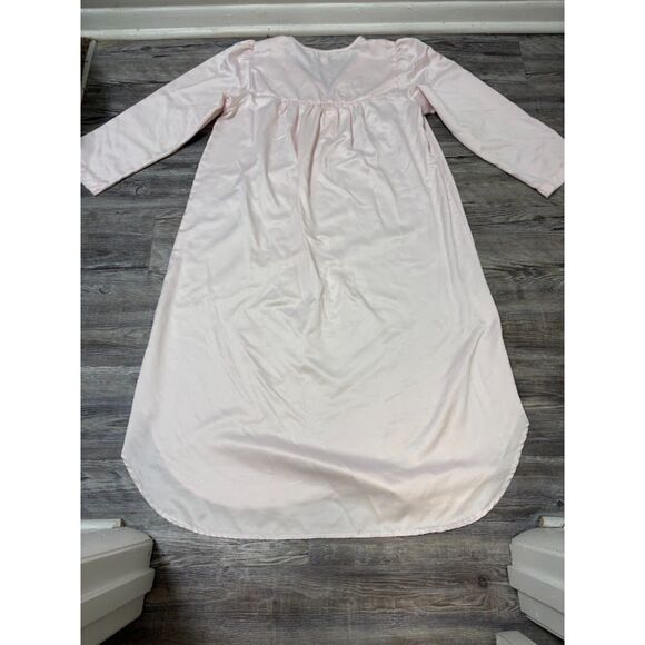 Vintage Miss Elaine Nightgown M Pink Satin Embroidered Neck Long Sleeve Lounge - Picture 2 of 5
